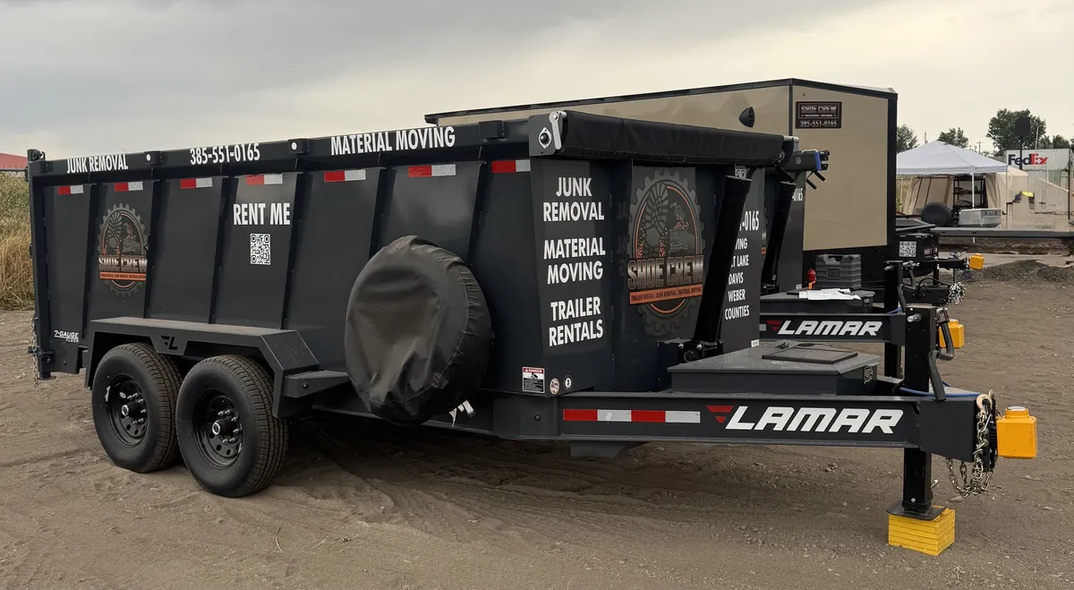 Shoe Crew Lamar 7x14 dump trailer lettered for junk removal and material moving