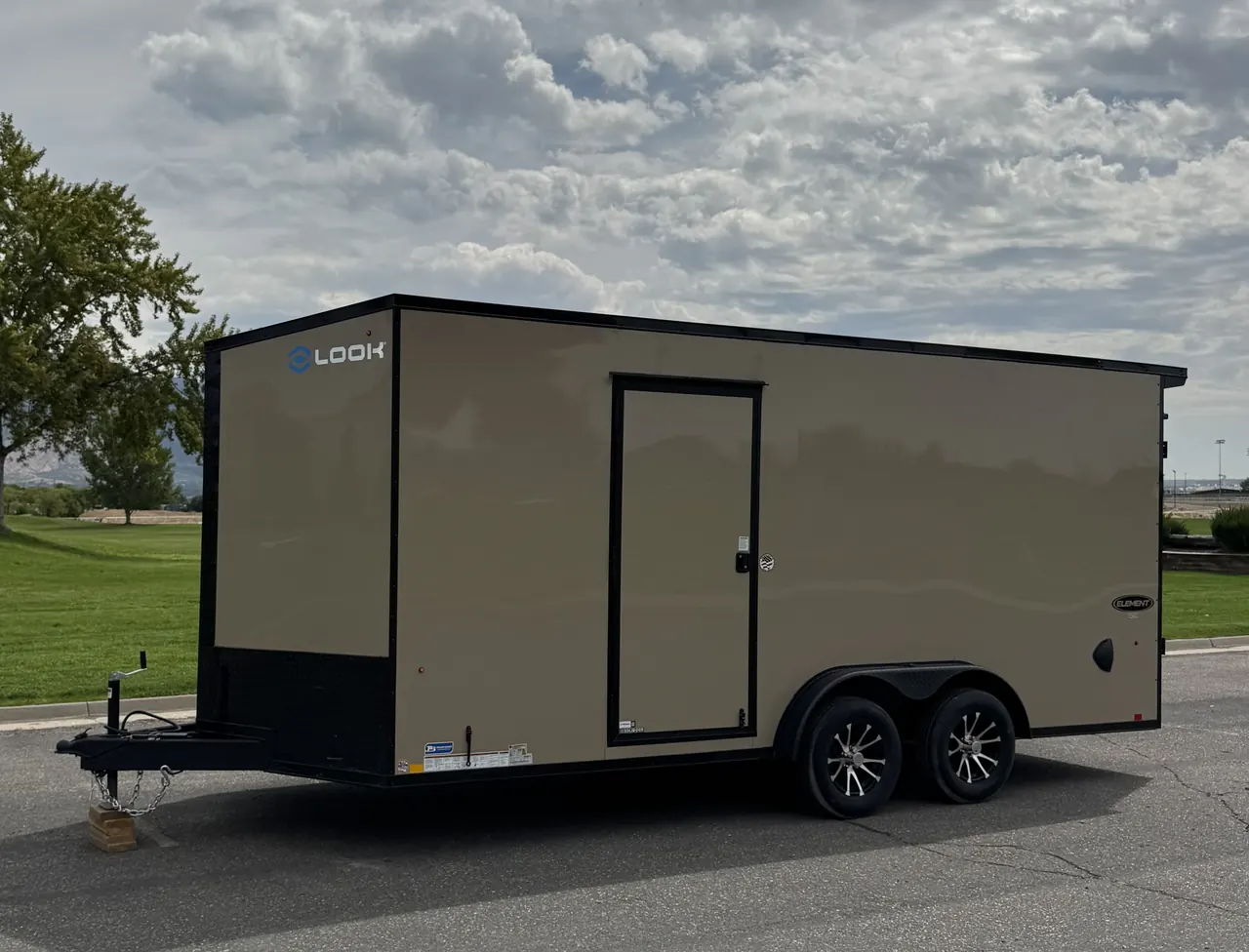 Look 7.5x18 enclosed cargo trailer, front three-quarter view with the side door