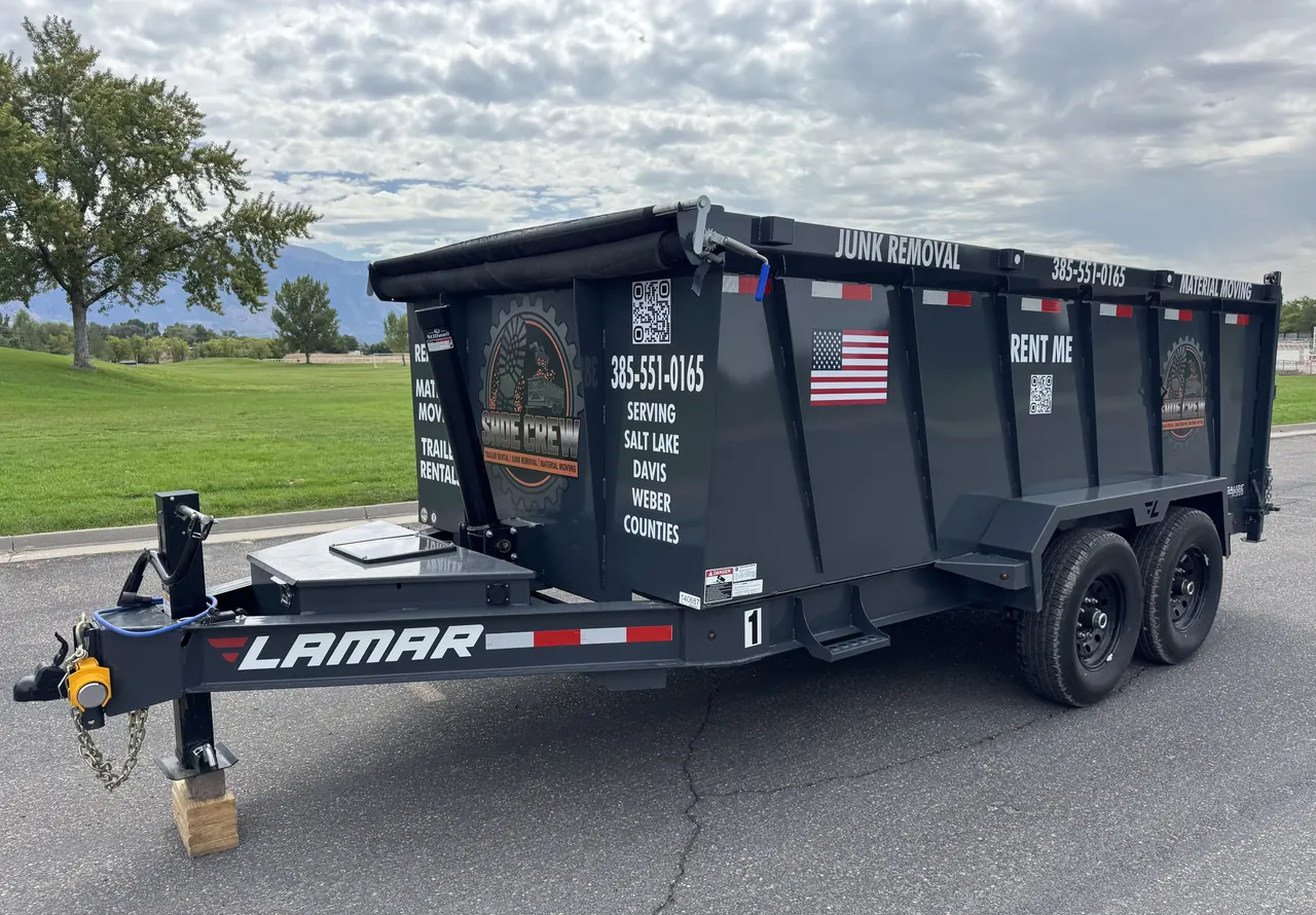 Shoe Crew Lamar 7x14 dump trailer, front three-quarter view